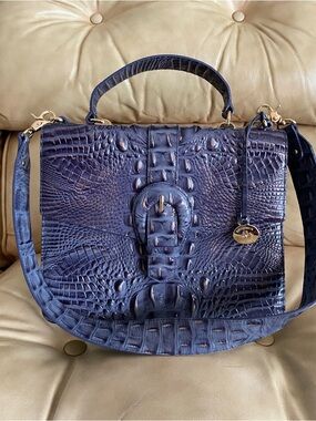 Brahmin Gabriella Satchel Blue Andesite Melbourne Leather Buckle Flap